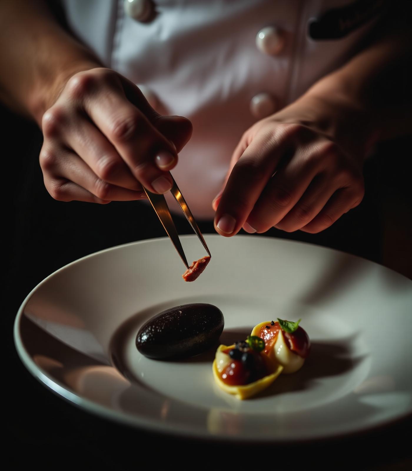 Chef plating a refined fine-dining dish